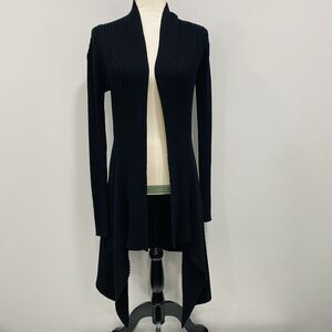 Cabi M Black Sweetheart Open Waterfall Cardigan Long Rib Knit Sweater Witchy